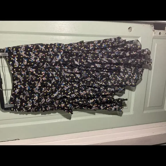 Veronica Beard Silk and Metallic Floral Ruffled Black Midi Skirt Size Small