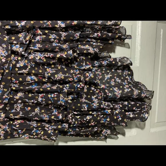Veronica Beard Silk and Metallic Floral Ruffled Black Midi Skirt Size Small