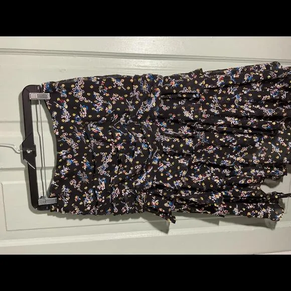 Veronica Beard Silk and Metallic Floral Ruffled Black Midi Skirt Size Small