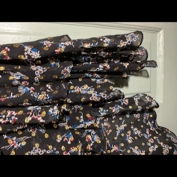 Veronica Beard Silk and Metallic Floral Ruffled Black Midi Skirt Size Small