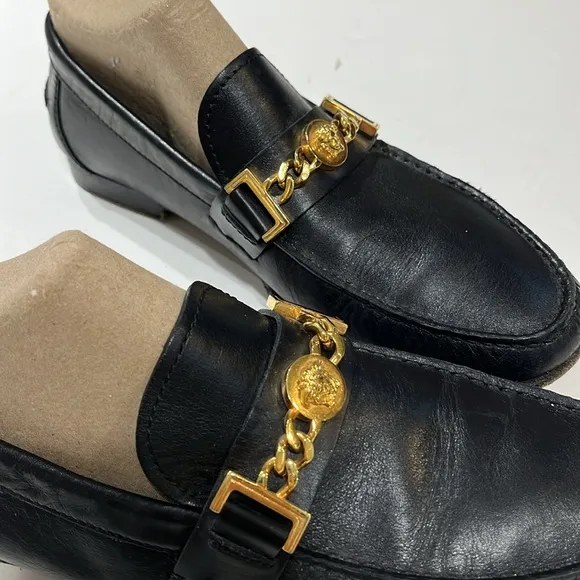 Versace black leather Medusa slip on loafers, size: 41 European = 8 USA