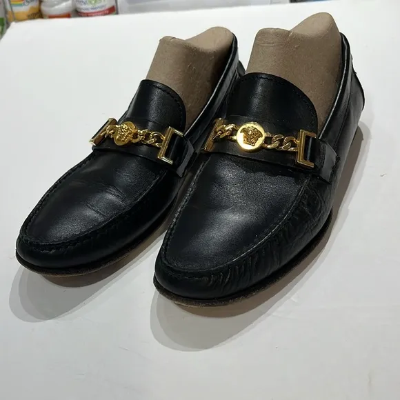 Versace black leather Medusa slip on loafers, size: 41 European = 8 USA