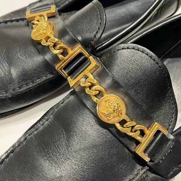 Versace black leather Medusa slip on loafers, size: 41 European = 8 USA