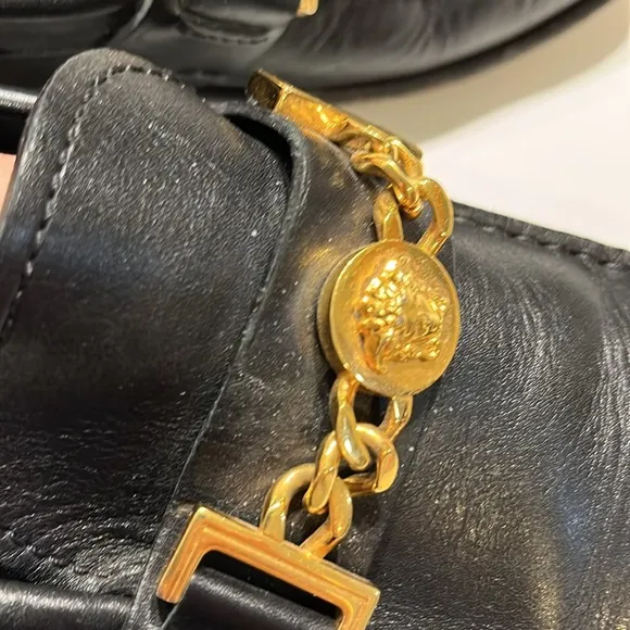 Versace black leather Medusa slip on loafers, size: 41 European = 8 USA