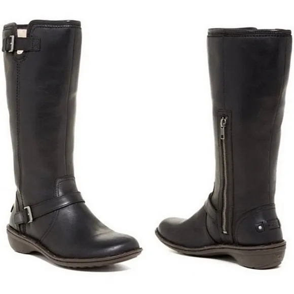 VGUC Ugg Tupelo Black Leather Riding Moto Sheepskin Boots Women 7