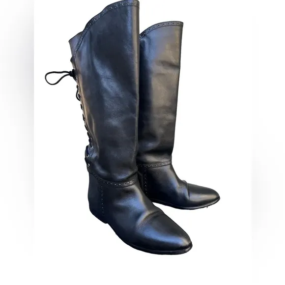 Via Milano Genuine Leather Lace-back Riding Boots in Black Size 9 Made in Chile