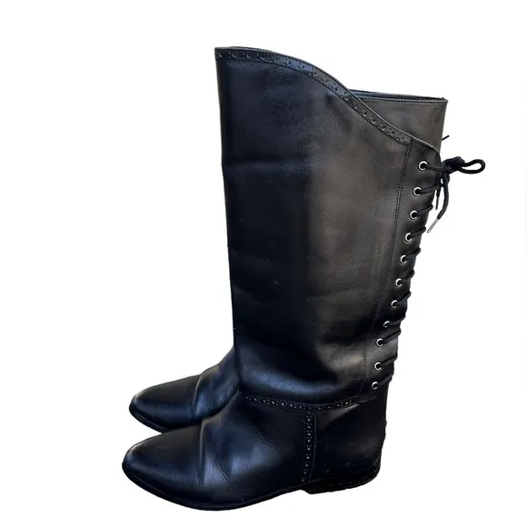 Via Milano Genuine Leather Lace-back Riding Boots in Black Size 9 Made in Chile