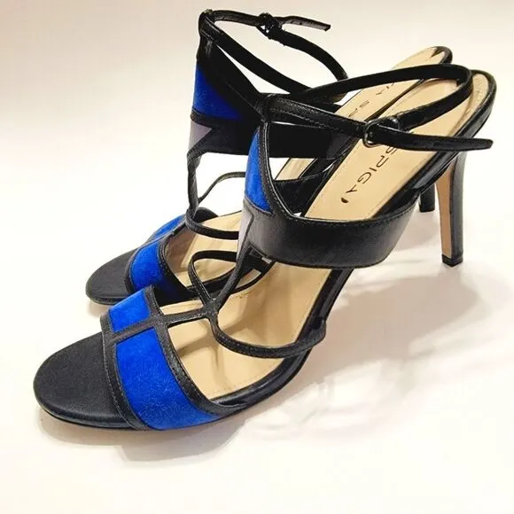 Via Spiga Black Leather Cobalt Suede Colorblock Stiletto Sandals Size 11