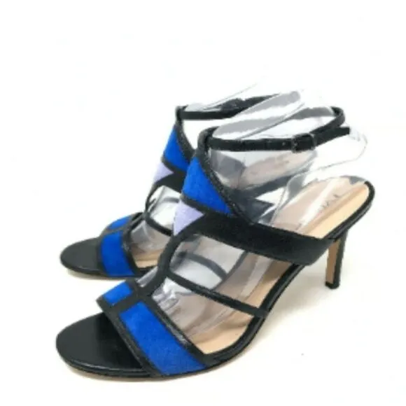 Via Spiga Black Leather Cobalt Suede Colorblock Stiletto Sandals Size 11