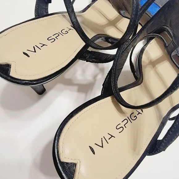 Via Spiga Black Leather Cobalt Suede Colorblock Stiletto Sandals Size 11
