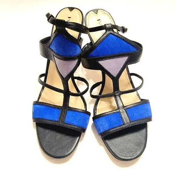 Via Spiga Black Leather Cobalt Suede Colorblock Stiletto Sandals Size 11