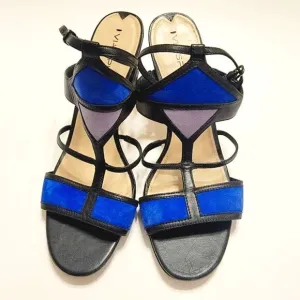 Via Spiga Black Leather Cobalt Suede Colorblock Stiletto Sandals Size 11