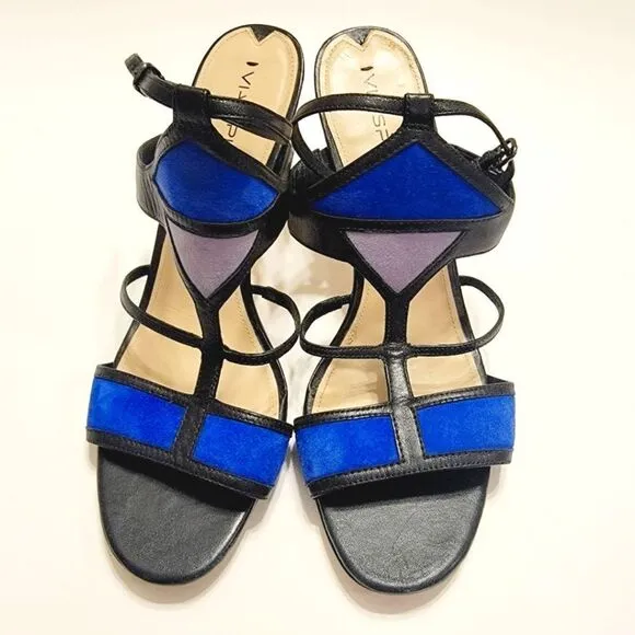 Via Spiga Black Leather Cobalt Suede Colorblock Stiletto Sandals Size 11