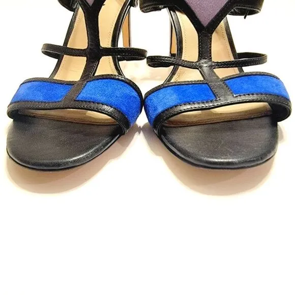 Via Spiga Black Leather Cobalt Suede Colorblock Stiletto Sandals Size 11