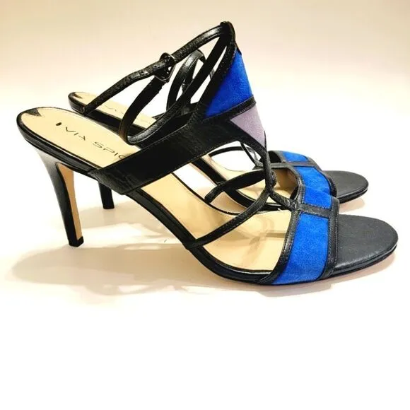 Via Spiga Black Leather Cobalt Suede Colorblock Stiletto Sandals Size 11