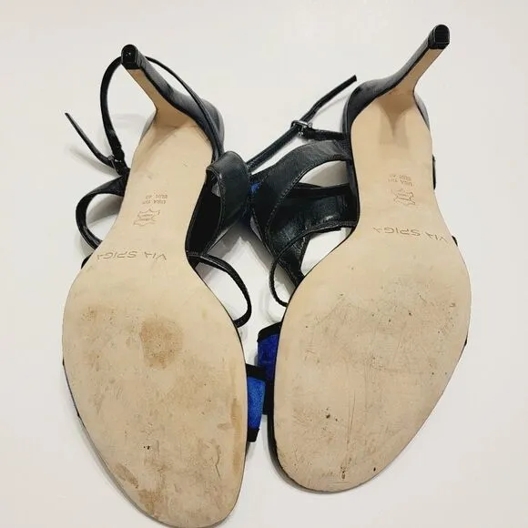 Via Spiga Black Leather Cobalt Suede Colorblock Stiletto Sandals Size 11
