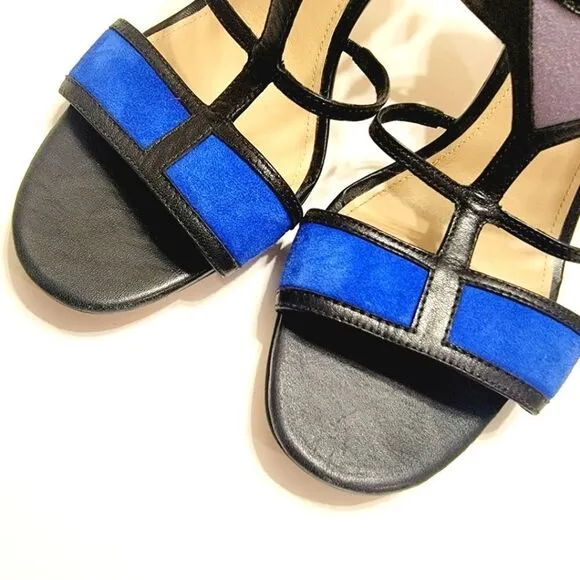 Via Spiga Black Leather Cobalt Suede Colorblock Stiletto Sandals Size 11