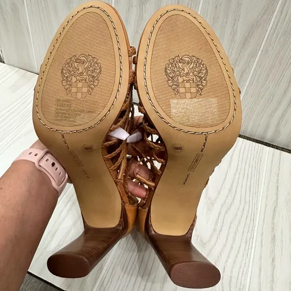 Vince Camuto Braided Strappy Heeled Sandal Sz 10Brown Leather Dressy High Heels
