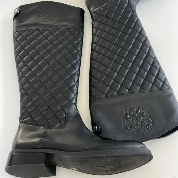 Vince Camuto Faya Black Quilted Leather Riding Knee High Boots Like New 6