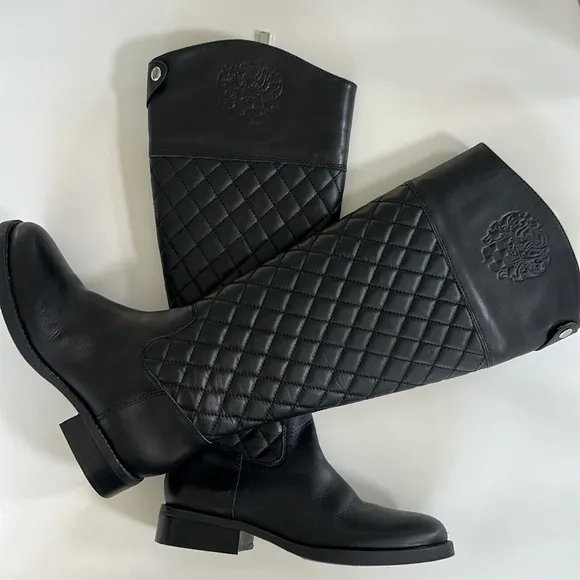 Vince Camuto Faya Black Quilted Leather Riding Knee High Boots Like New 6