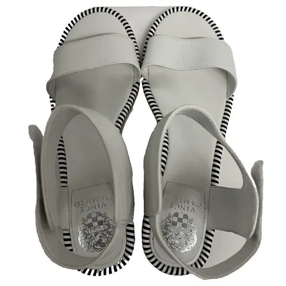Vince Camuto Mariena White Black Leather Wedge Platform Hook &amp; Loop Sandals 11