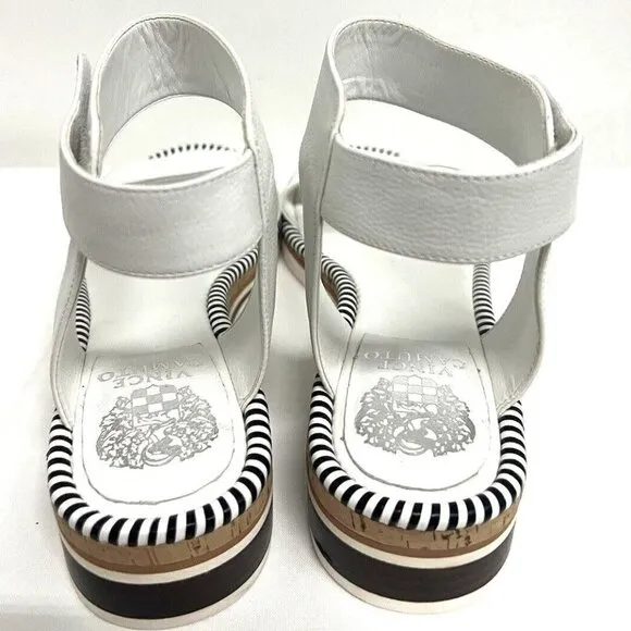 Vince Camuto Mariena White Black Leather Wedge Platform Hook &amp; Loop Sandals 11