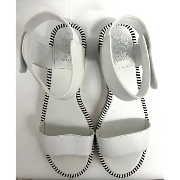 Vince Camuto Mariena White Black Leather Wedge Platform Hook &amp; Loop Sandals 11