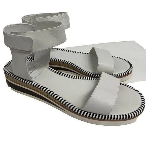 Vince Camuto Mariena White Black Leather Wedge Platform Hook &amp; Loop Sandals 11