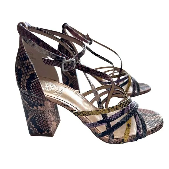 Vince Camuto Winivey Strappy Block Heel Snake Print Sandals Ankle Strap Size  7