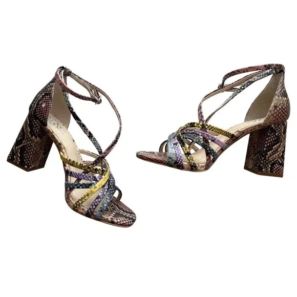 Vince Camuto Winivey Strappy Block Heel Snake Print Sandals Ankle Strap Size  7