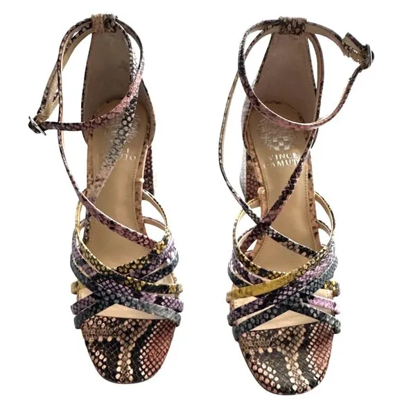 Vince Camuto Winivey Strappy Block Heel Snake Print Sandals Ankle Strap Size  7