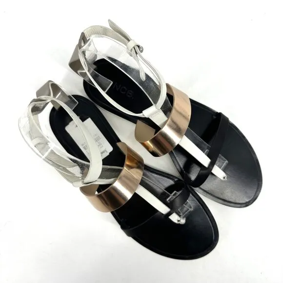 Vince Crete Strappy Leather Gladiator Sandals Bone/Black/Rose Gold Metallic 8.5