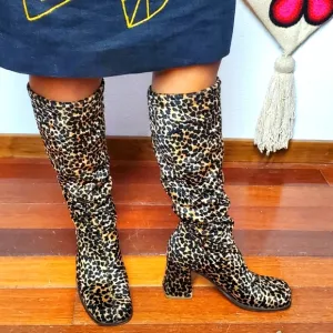 Vintage 90s Leopard Cheetah Stretch Boot Square toe