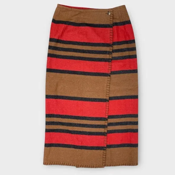 Vintage Country Southwestern Blanket Wrap Long Skirt, size 10. striped tan red