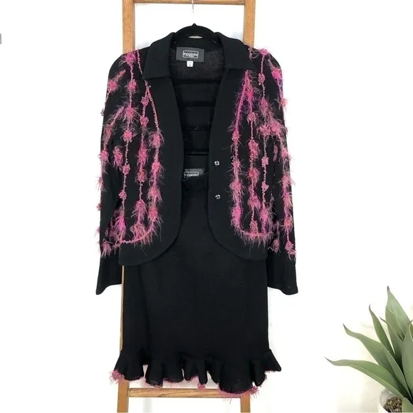 VINTAGE Egoiste black &amp; pink feather blazer midi skirt suit size 4