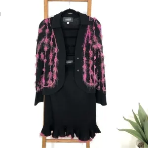 VINTAGE Egoiste black &amp; pink feather blazer midi skirt suit size 4