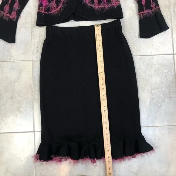 VINTAGE Egoiste black &amp; pink feather blazer midi skirt suit size 4