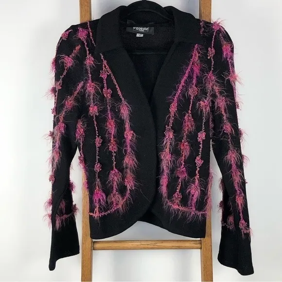 VINTAGE Egoiste black &amp; pink feather blazer midi skirt suit size 4