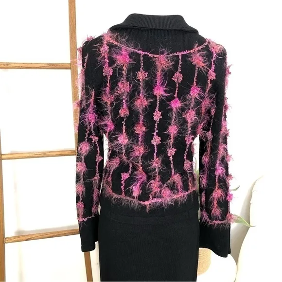 VINTAGE Egoiste black &amp; pink feather blazer midi skirt suit size 4