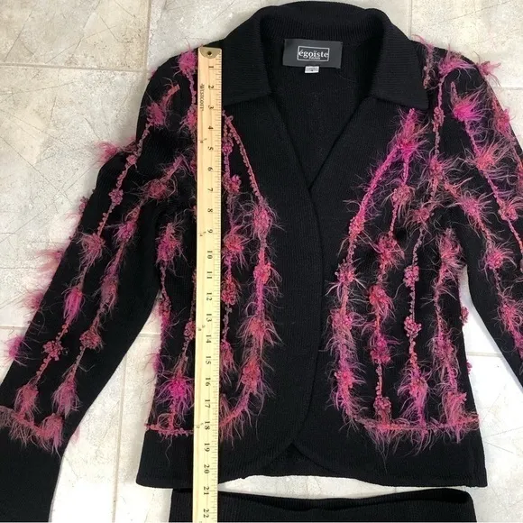 VINTAGE Egoiste black &amp; pink feather blazer midi skirt suit size 4