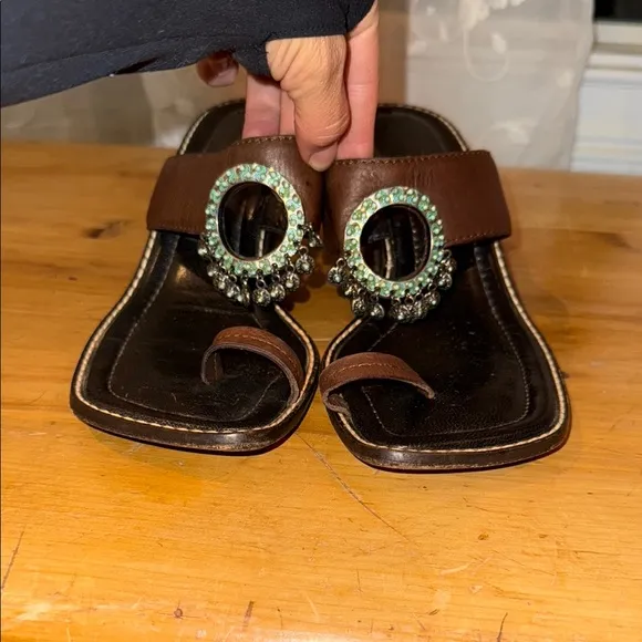 Vintage Elegant Brown Women's Sandals with Blue and Green Detailing