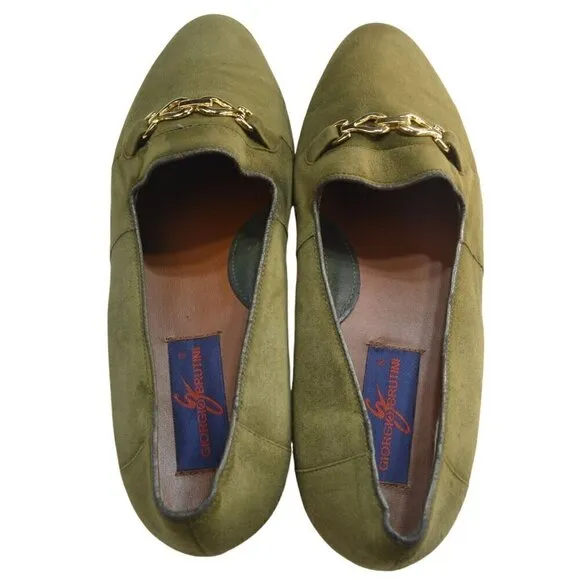 Vintage Giorgio Brutini Olive Green Suede Loafers With Gold Chain Accent -LT3139