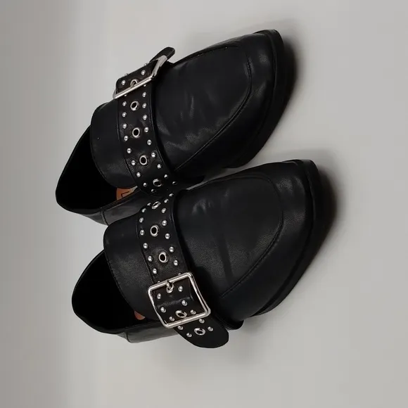 Vintage Havana mules slip on size 7 black silver brads-studs and buckle Loafer