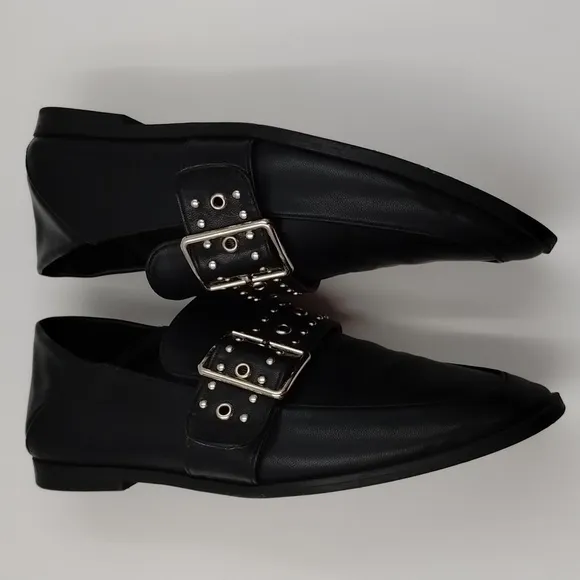 Vintage Havana mules slip on size 7 black silver brads-studs and buckle Loafer