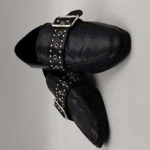 Vintage Havana mules slip on size 7 black silver brads-studs and buckle Loafer