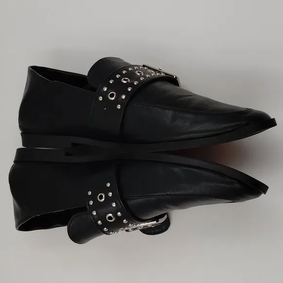 Vintage Havana mules slip on size 7 black silver brads-studs and buckle Loafer