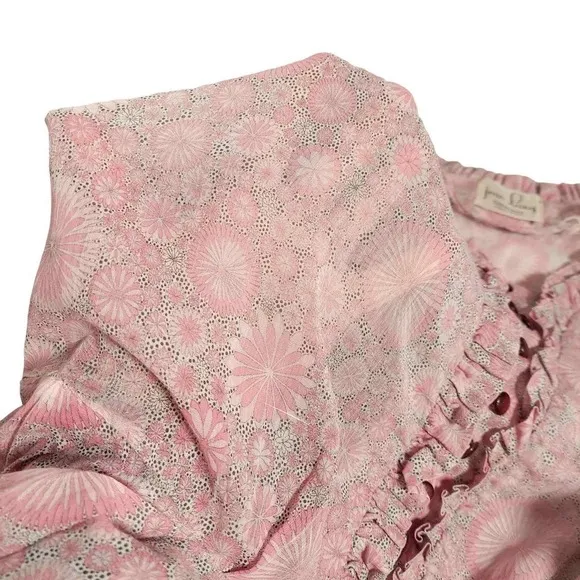 Vintage Jean Lang Original Dress Semi Sheer Ruffle Neck Ditsy Pink White Medium