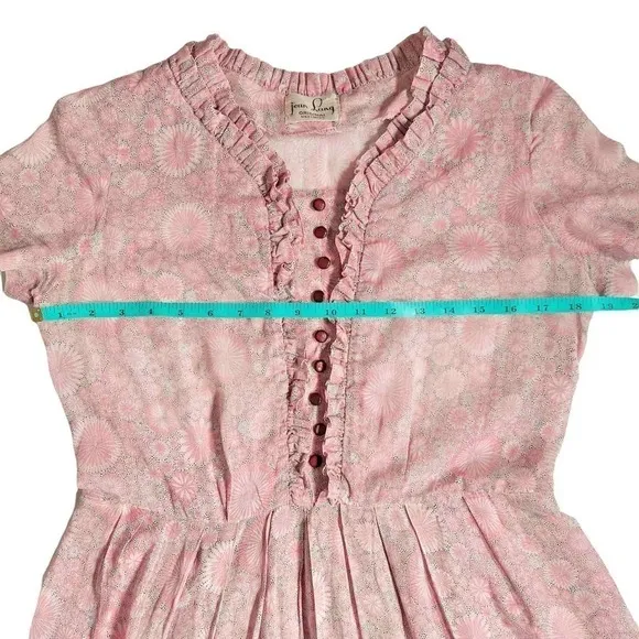 Vintage Jean Lang Original Dress Semi Sheer Ruffle Neck Ditsy Pink White Medium