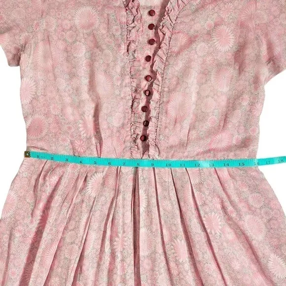 Vintage Jean Lang Original Dress Semi Sheer Ruffle Neck Ditsy Pink White Medium