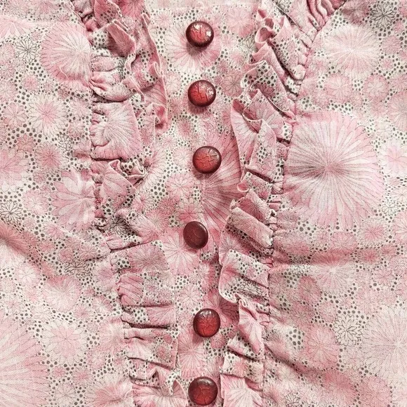Vintage Jean Lang Original Dress Semi Sheer Ruffle Neck Ditsy Pink White Medium